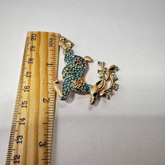 Gold Tone Teal Rhinestone Reindeer Brooch • Holiday Christmas Pin • Sparkly Runn - Picture 4 of 5